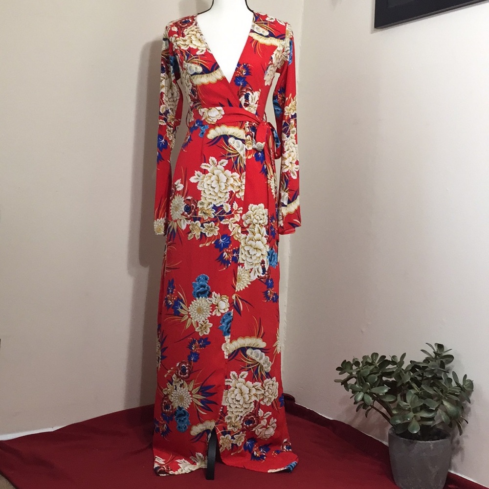 LONG DRESS ASIAN PRINT WRAP STYLE